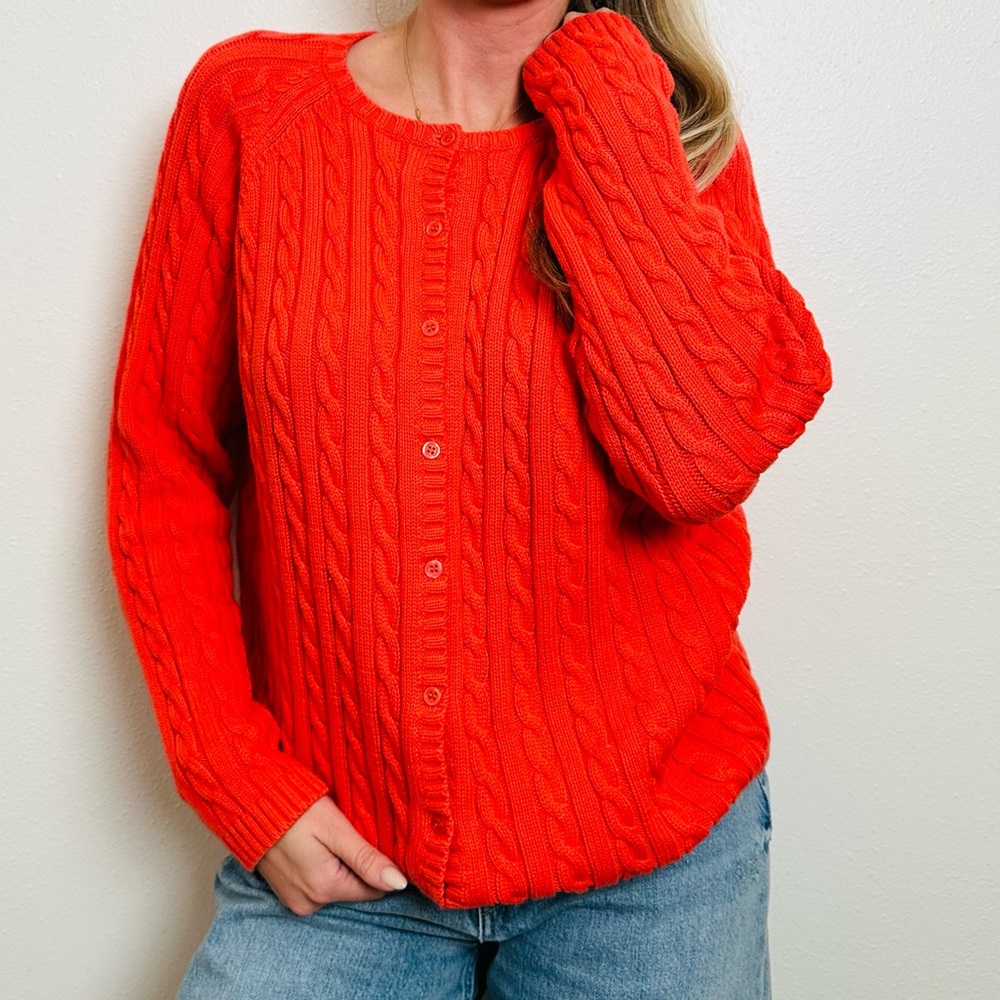 Vintage L.L.Bean Cable Knit Cardigan Sweater Salmon Color - Picture 3 of 8